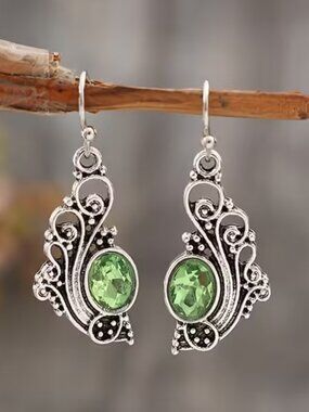 Oval Peridot Earrings Wrapped in Silver Tendrils Peacock Plumage Filigree